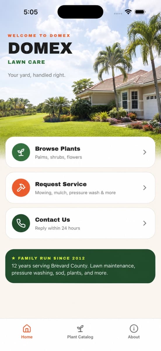 Domex Lawn Care app home screen with Browse Plants, Request Service and Contact Us actions