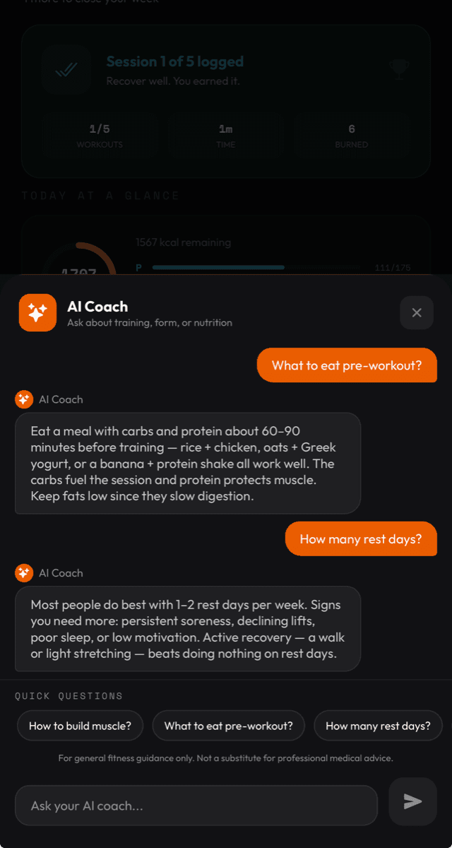LiftIQ AI Coach chat answering questions about pre-workout meals and rest days