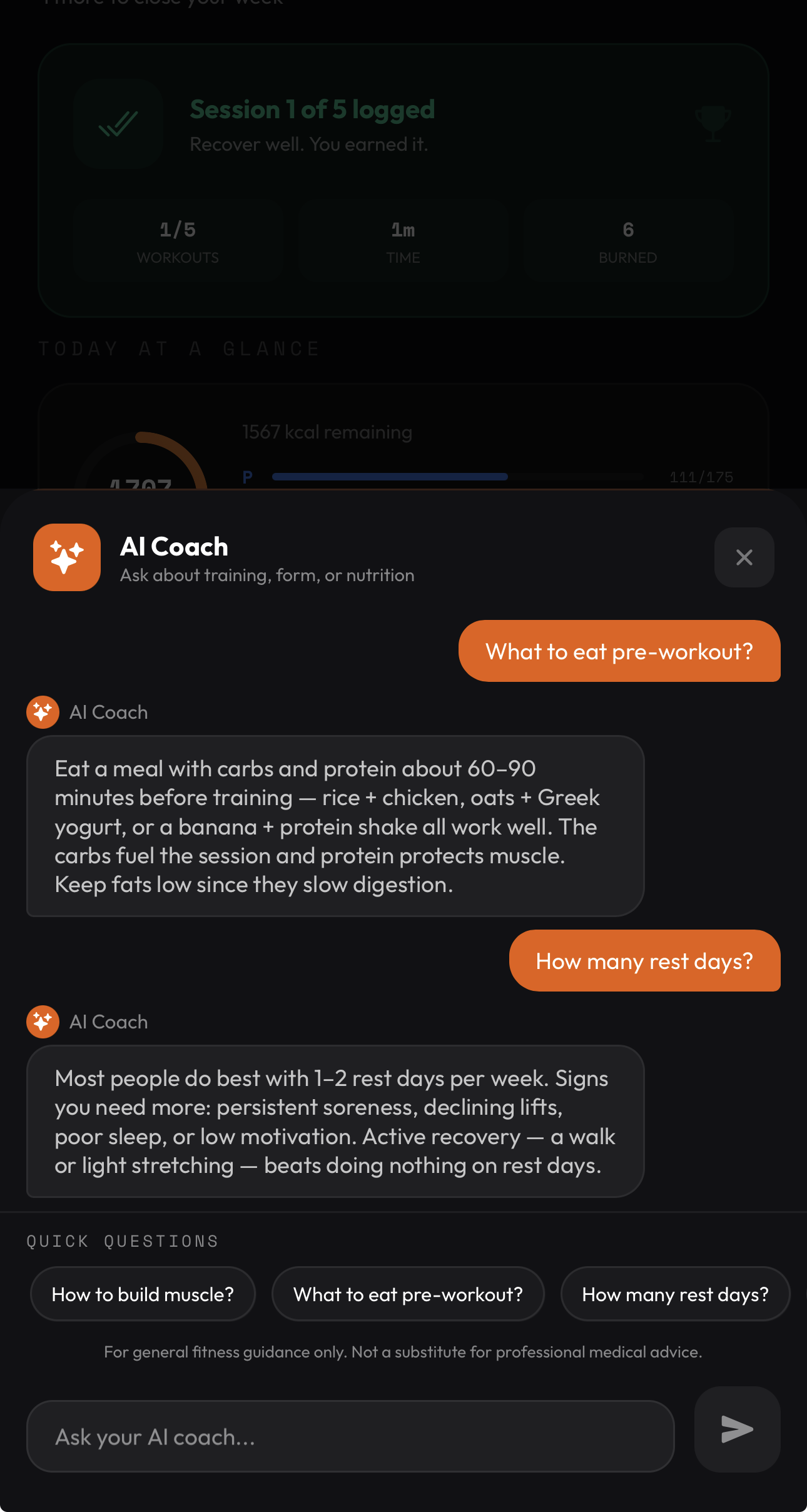 LiftIQ AI Coach answering pre-workout nutrition and rest-day questions