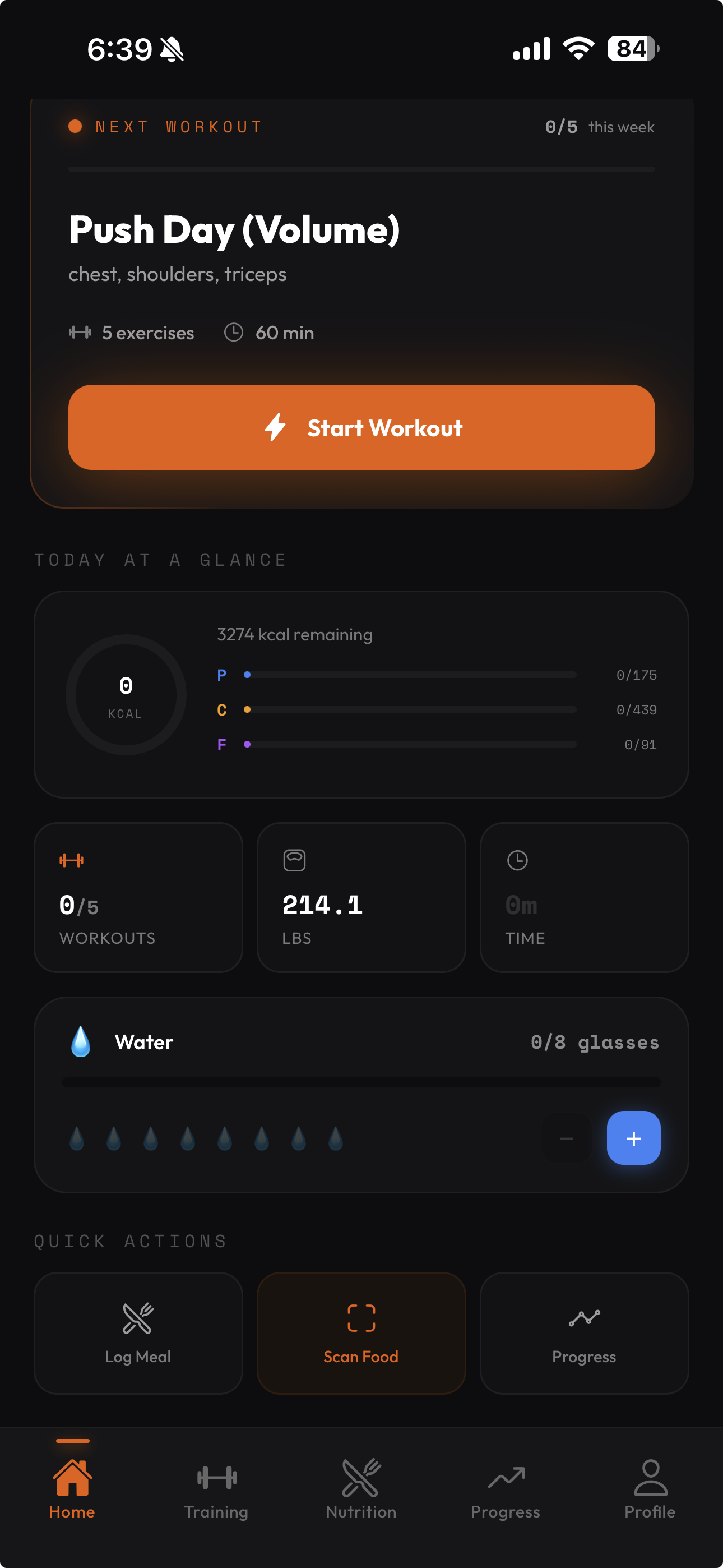 LiftIQ home. Today's workout and a glance at calories, water, and quick actions