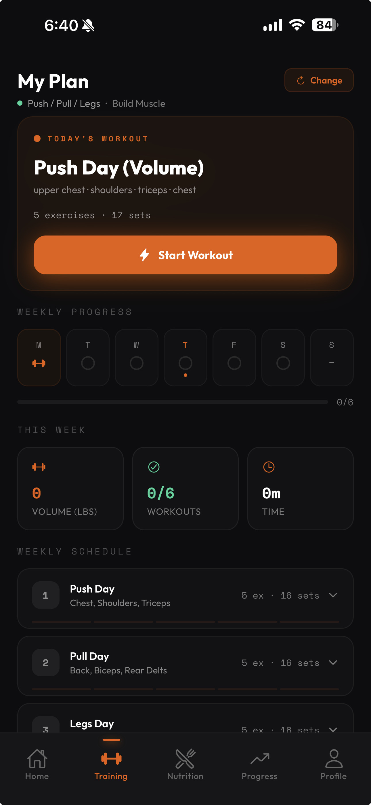 LiftIQ training plan. Push/Pull/Legs programme with the week's prescribed sets